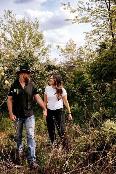 couple walking for Chicago engagement photos