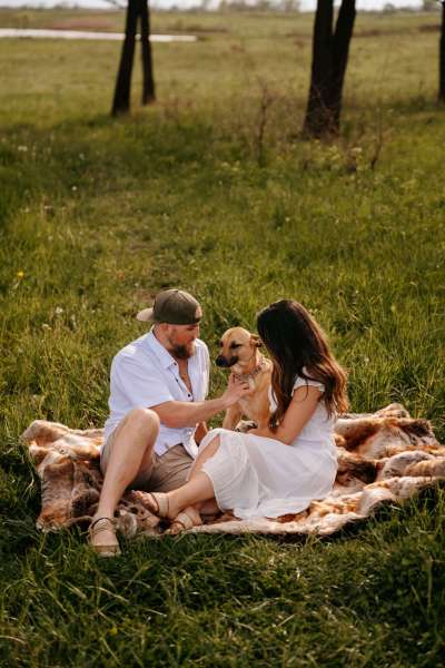 Couple with dog for Chicago engagement photos